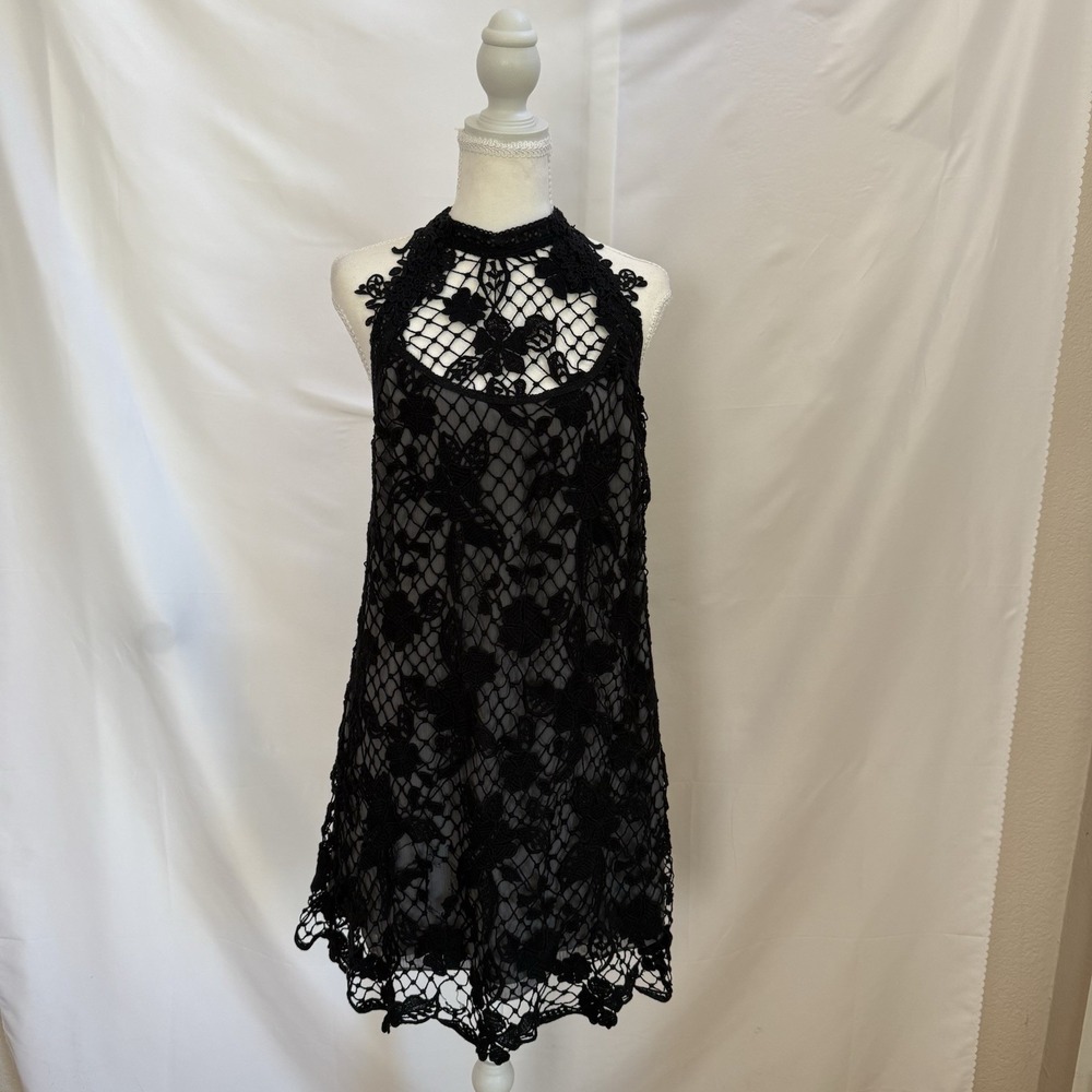 Free People Women's Snowdrop Lace Overlay Trapeze Dress Black & Gray Sz M - Picture 4 of 16